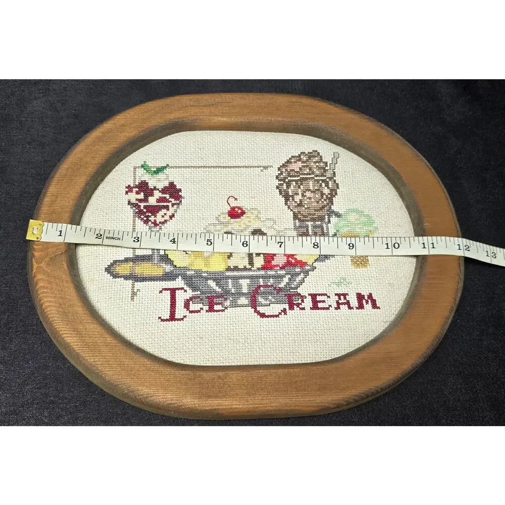 Vintage Hand Made Cross Stitch Ice Cream Inside a Wooden Hangable Frame